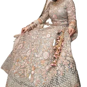 heavy Pakistani wedding bridal dresses -New-Bridal-Indian/Pakistani Long-Jacket with Trail Lehenga dress Embellished in crystal