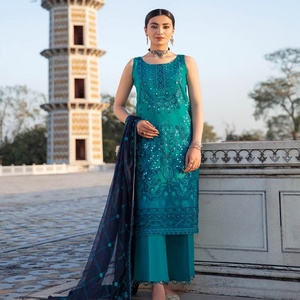 ANDAAZ Trajes de 3 piezas para mujer Diseñador de moda Pakistán e indio Césped Bordado Cuello por Ramsha Volumen Material de algodón para adultos - Product Image 5