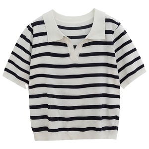 Camicie <span class=keywords><strong>a</strong></span> righe da donna di qualità Premium magliette Polo <span class=keywords><strong>a</strong></span> righe con pannello <span class=keywords><strong>a</strong></span> contrasto in poliestere personalizzato <span class=keywords><strong>a</strong></span> righe ODM personalizzate - Product Image 1