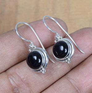 925 <b>Sterling</b> <b>Silver</b> Fine <b>Dangle</b> <b>Earrings</b> with Black Onyx Round Cut Gemstone for Engagement or Anniversary Gifts - Product Image 1