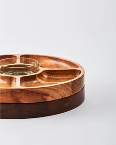 Bandeja de servicio de madera de acacia con cuenco de inmersión de vidrio, plato de aperitivo de madera para decoración del hogar, fiestas, producto de vajilla de entretenimiento - Product Image 2