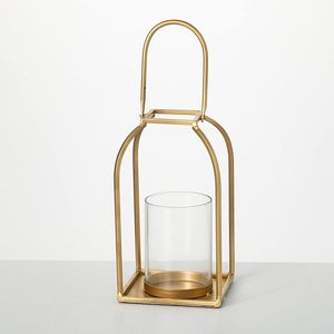 Modern Farmhouse Home Decor Gold <b>Pillar</b> Lantern Metal Tabletop and Mantle Candle Holder Accents - Product Image 1