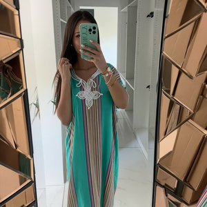 Gandoura Marroquí para Mujer, Vestido Abaya 100% Algodón con Encaje, Ropa de Estar Personalizable, Bordado de Verano, Largo hasta la Rodilla, Estilo Bohemio Corto - Product Image 2