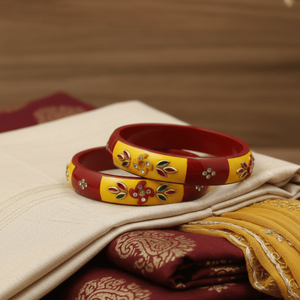 <b>Set</b> of 2 Fine <b>Bangles</b> Red & Yellow Floral Stone Lac Design - Product Image 3