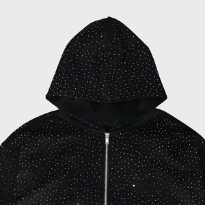 Sweat à capuche unisexe d'hiver en coton 100% respirant et imperméable, avec imprimé strass et broderie, couleur unie, style streetwear, avec fermeture éclair et poches - Product Image 2