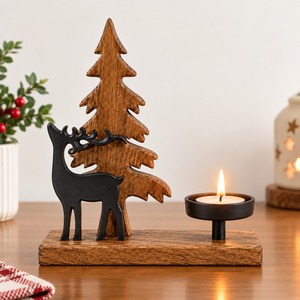 Wooden <b>Christmas</b> Deer <b>Tree</b> <b>Candle</b> Holder Rustic Tabletop Decor Winter Holiday Decoration Single-Piece Package - Product Image 2