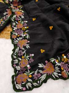 Sari de seda suave de diseñador con bordado Zari Work, Stone Work Designer Wedding Function Wear Sari, Party Wear Saree. - Product Image 6