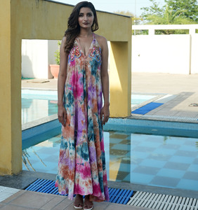 Robe Maxi Spaghetti de Designer Indien Travail à la Main Multi Tie Dye pour Femmes - Product Image 2