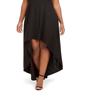 Robe trapèze tendance noire en mousseline pour femme, grande taille, taille empire festonnée, style robe de bal, longueur genou, design simple - Product Image 3