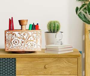 Wooden Spinning Pen Holder (Whitewash) Distressed 4 Section Pencil Holder 3600 Rotating <b>Desk</b> <b>Organizer</b> Art Supplies & Spinning - Product Image 5
