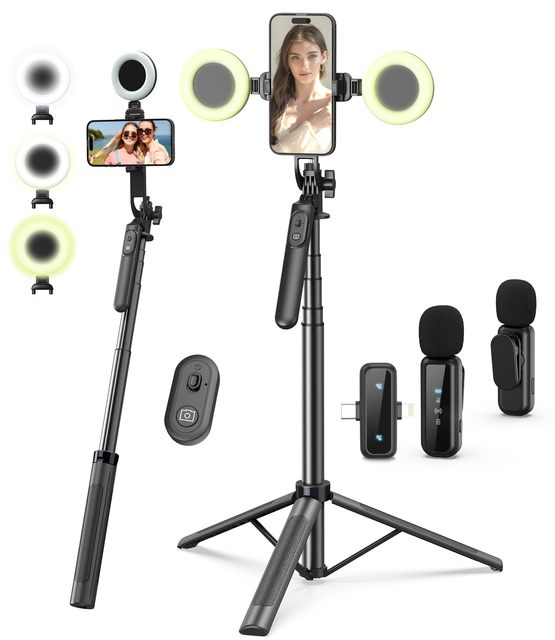 Vlogging Kit IPhone/Android 71" Aluminum Alloy Selfie Stick Tripod Fill Light Wireless Microphone Remote 360 Rotation