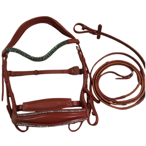 Nouvelle bride ergonomique monocrown complète/cheval, fronture verte avec rênes - Product Image 1