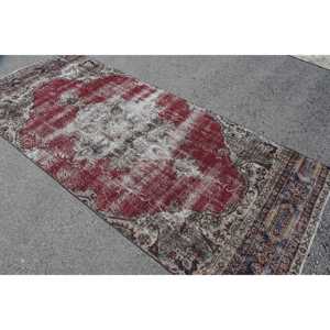 Vintage Turkish Rug, 4.3x9.9 ft Rug, <b>Red</b> Solid <b>Wool</b> Rug - Product Image 4