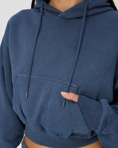 Sweat à capuche court lavé à l'acide pour femmes pantalons de survêtement à jambes larges survêtement confortable en coton éponge français pour cordon de serrage d'hiver - Product Image 3