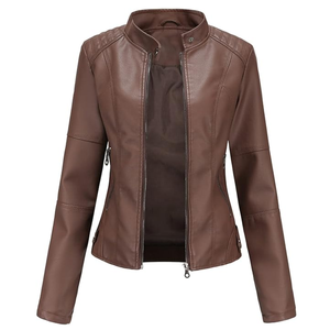 Women’s Brown Faux Leather Motorcycle <b>Biker</b> <b>Jacket</b> by Novenza - Product Image 1