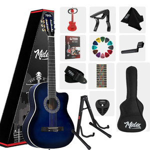 Kit de guitare classique bleue 4/4 avec tige de tension réglable, accordeur, sac, sangle, capo, médiators et livre de méthode |   Midex MGX-100BL-BAG - Product Image 1