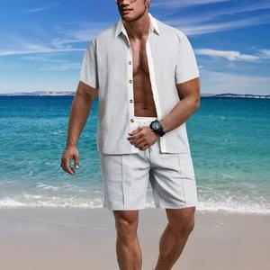 2025 été nouveaux hommes Europe et États-Unis décontracté gaufré chemise de vacances à manches courtes deux shorts ensemble - Product Image 3