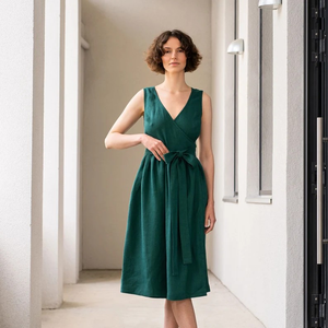 Femmes 2025 printemps écologique Midi Vintage col en v nouvelle mode large plissé naturel taille respirant bouton décoration - Product Image 1