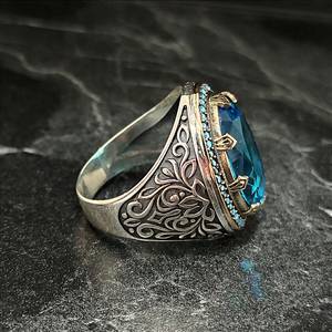 Anillo Floral Vintage Hecho a Mano para Hombre con Aguamarina Ovalada y Circonita Azul, Anillos de Plata de Ley 925 con Piedras Preciosas - Product Image 5