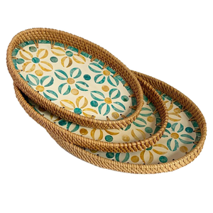 Ensemble de 3 plateaux ovales en rotin naturel avec incrustation de nacre, plateaux de service pour la nourriture et plateaux de rangement décoratifs - Product Image 4