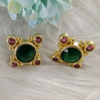 Bijoux bohèmes, émeraude ronde taillée avec rubis, hydro quartz, boucles d'oreilles à clous, métal en laiton texturé, plaqué or 18 carats, pour femmes