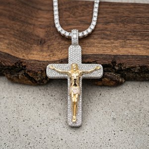 จี้พระเยซูรูปกางเขนแบบ Iced Out ชุบทองสองสี เครื่องประดับฮิปฮอป สร้อยสแตนเลสแบบ Micro Pave สั่งทำได้ - Product Image 2