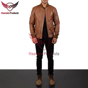 <b>Mens</b> Real Tan <b>Leather</b> Bomber <b>Jacket</b> Rib Collar Zip Sleeve Pocket Quilted Placket Sheepskin Flight Coat Custom Brown Winter Out - Product Image 6