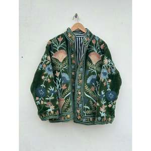Handmade Reversible Velvet Suzani <b>Jacket</b> Quilted Bohemian Outerwear with Varsity Style Autumn Short <b>Blazer</b> in Suede <b>Leather</b> - Product Image 1