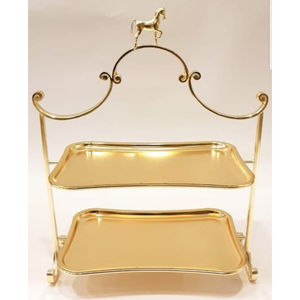 Elegante Bandeja de Servicio de Metal de 2 Niveles con Acabado Dorado y Figura de Caballo, Exhibición Rectangular para Postres a un Precio Accesible - Product Image 1
