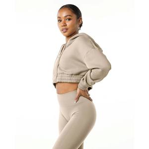 Sudadera corta de lino con cremallera para mujer, 55% algodón, 45% Spandex, estilo de hombro con caída, talla grande - Product Image 3