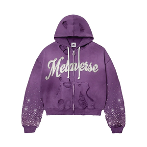 Sweat-shirts à capuche pour hommes 100% coton, qualité supérieure, broderie usée, épaules tombantes, strass, mode streetwear, sweat-shirts décontractés - Product Image 1