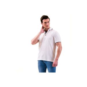 Camiseta ajustada de algodón de manga corta con cuello de polo blanco con patrón geométrico en el cuello y detalle de ribetes - Product Image 2