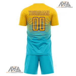Uniforme de football unisexe à sublimation personnalisée Jersey Lake Blue Gold-Purple Service OEM pour adultes - Product Image 2