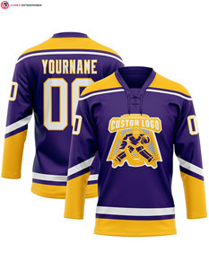 Maillot de hockey personnalisé 100% polyester or rouge-noir avec logo sur le devant col en dentelle Service OEM - Product Image 5