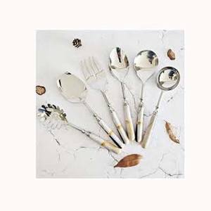 Ensemble de service à salade avec manche martelé en marbre poli miroir argenté Nouveaux serveurs à salade et soupe à riz comprenant une cuillère et une fourchette - Product Image 1