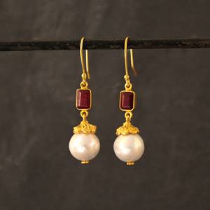 Adorable Pretty Pearl Ruby Gemstone Gold Plated 925 Silver Unique Design Casual Dangle Drop <b>Earrings</b> Women's Gift - Product Image 1