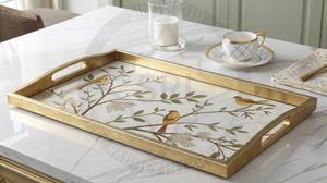 Élégant plateau de service en bois écologique avec impression artistique à bord doré durable et passe au lave-vaisselle - Product Image 2