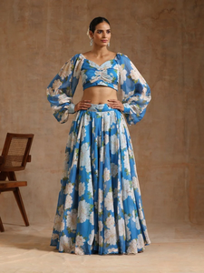 Conjunto de Lehenga con Estampado Floral Azul y Dupatta con Volantes, Atuendo Elegante para Bodas y Fiestas, Diseño Premium para Mujer - Product Image 6