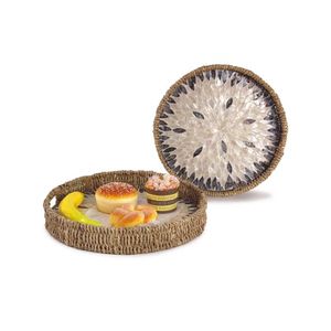 Handcrafted Natural Seagrass <b>MOP</b> Inlay Round Serving Tray with <b>Handle</b> Set 2 Customizable Sizes LVST24-78 Lavihexco Brand Vietnam - Product Image 3