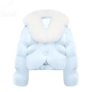 YuFan 사용자 정의 2023 OEM ODM 모피 칼라 다운 재킷 여자 짧은 다운 코트 우아한 공주 아기 블루 다운 코트