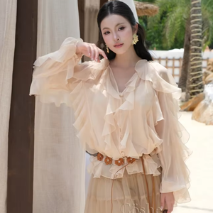 Coshe Rolly Top Mujer Elegante Blusa Femenina Verano Playa Look Layered Chiffon Ruffle Trim Cintura Natural Dulce PARA EL Diario - Product Image 1