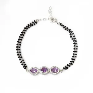 Bracelet en argent 925 avec perle d'améthyste, style ethnique, tendance, diamant, perle, pierre principale, pour mariage, anniversaire, cadeau pour femme - Product Image 1