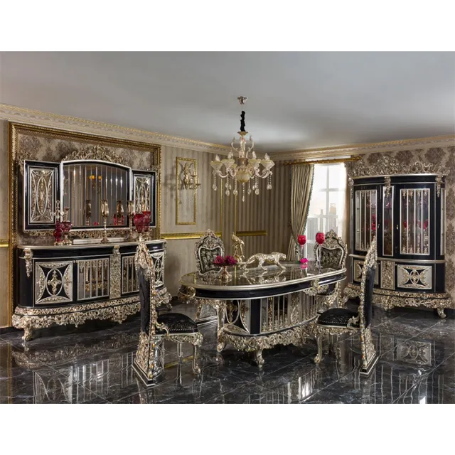 Baroque Style Gold Carving Dining Table & Chairs Set Teak Wood Handmade Carving Dining Table Set 6 Seater Dining Table Furniture