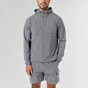 Conjunto Deportivo para Hombre, Chaqueta Cortavientos Gris y Pantalones Cortos, Transpirable, Resistente al Viento, Ligero, 2 Piezas, con Capucha, para Correr, Ropa Deportiva para Exteriores - Product Image 4