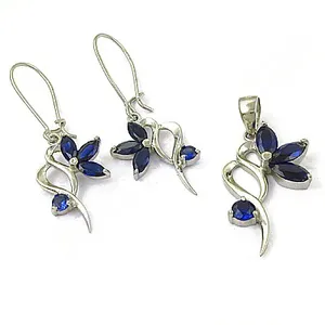 Ensemble de bijoux en argent 925 avec pendentif fleur en saphir bleu et boucles d'oreilles pour femme, idéal pour un usage quotidien romantique - Product Image 2