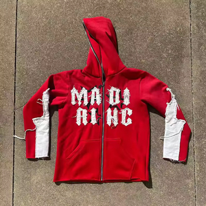 Sudadera con capucha para hombre de felpa francesa con cremallera completa, con logo personalizado, bajo sin rematar, corta, con parches desgastados y lavado ácido - Product Image 2