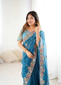 Nuevo y Moderno Saree de Seda con Bordado Pesado de Múltiples Hilos para Mujer, Ideal para Fiestas Formales, Diwali y Bodas, Largo hasta el Suelo - Product Image 3
