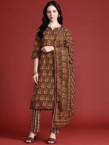 <b>women</b> Ethnic Motifs Printed Pure Cotton Kurta with <b>Trousers</b> & Dupatta indian pakistan salwar kameez <b>suit</b> - Product Image 2