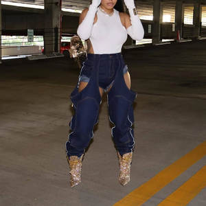 Pantalon en jean délavé taille haute, coupe ample, extensible, à découpes irrégulières et rivets, style tendance - Product Image 1