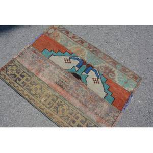 Vintage Turkish Rug 2.8 X 3.6ft <b>Red</b> Green Patchwork <b>Wool</b> Large Area for Entryway Hallway or Room Latex Backed - Product Image 4